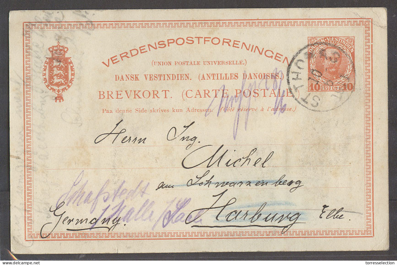 D.W.I.. 1911 (10 June). St Thomas - Germany, Harburg. 10ore Red Stat Card Used. - Antille