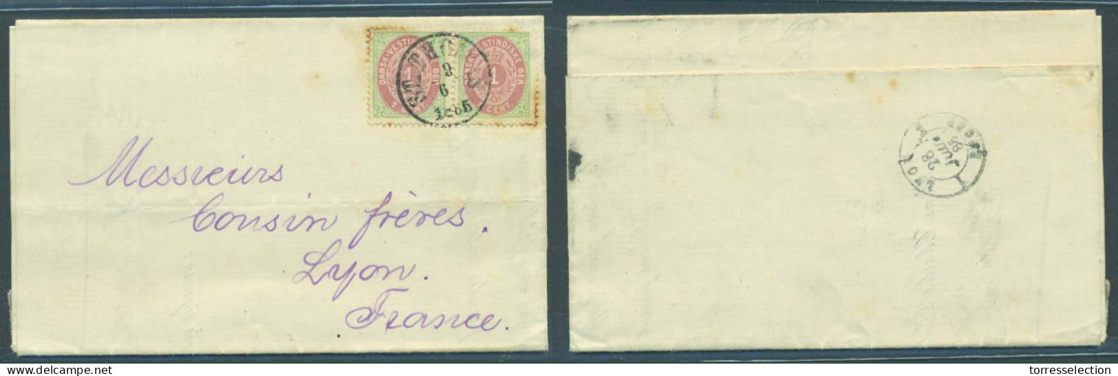 D.W.I.. 1885 (29 June). St Thomas - France / Lyon (28 July). Complete Printed Matters Fkd 1 Cent X2 Pair Tied Cds At Pm  - Antille