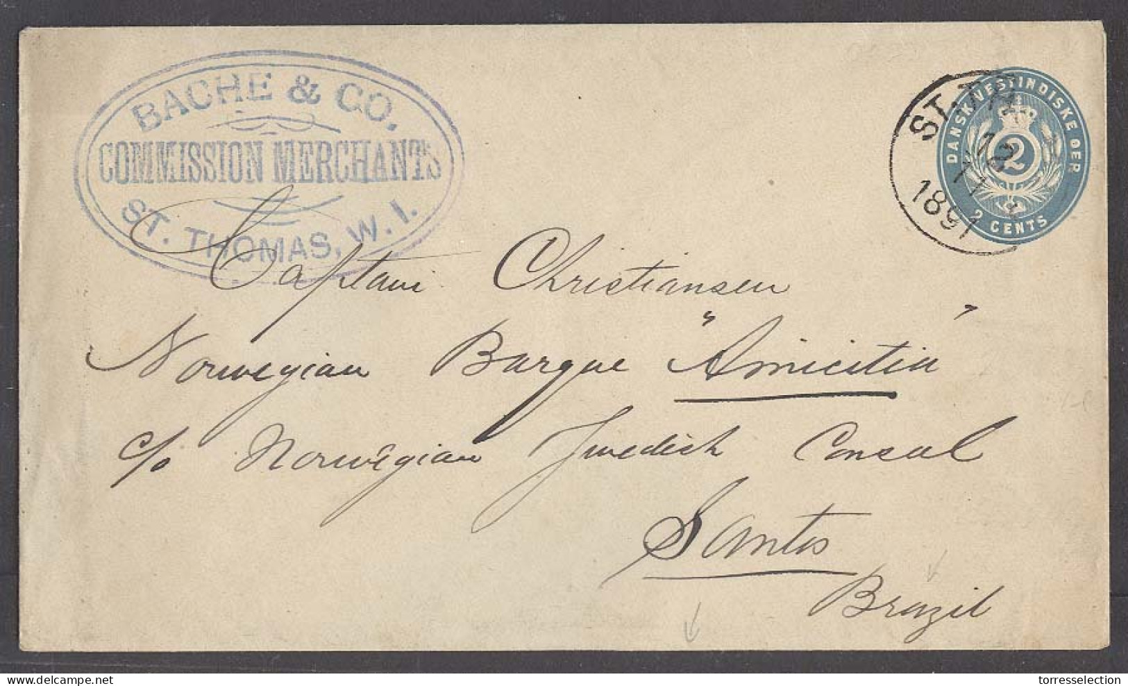 D.W.I.. 1891 (12 Nov). St Thomas - Brazil / Santos (3 Dec). Addressed To Norwegian Ship Amiatia. Via RJ. VF Better Dest  - Antilles