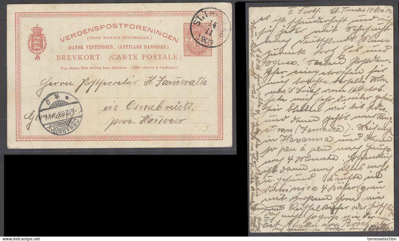 D.W.I.. 1903 (14 Nov). St Thomas - Germany, Hannover (5 Dec). 2 Ore Red Stat Card. Fine Used. - West Indies
