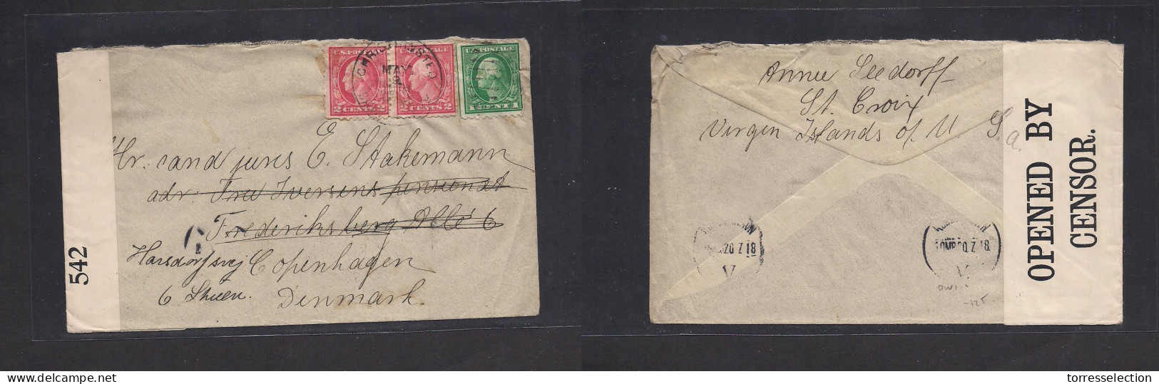 D.W.I.. 1918 (9 May) Christiansted - Denmark (20 July 18) Cph. Multifkd US WWI Censored Envelope. Fine. - Antillen