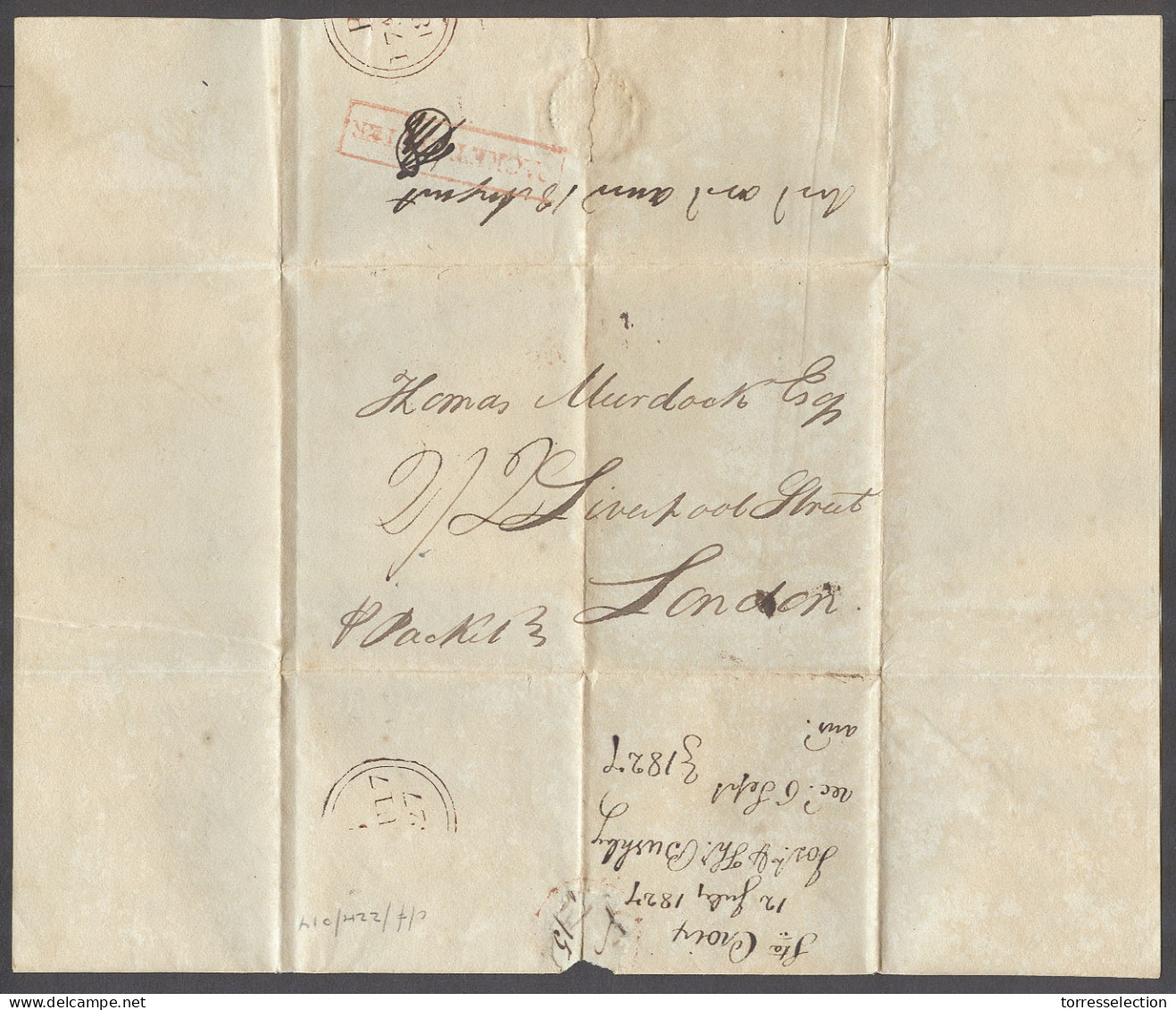 D.W.I.. 1827 (12 July). St. Croix - UK (6 Sept). Early Complete EL Full Text Via Red Box Paket Letter 2sh / 2d Mns Charg - Antille