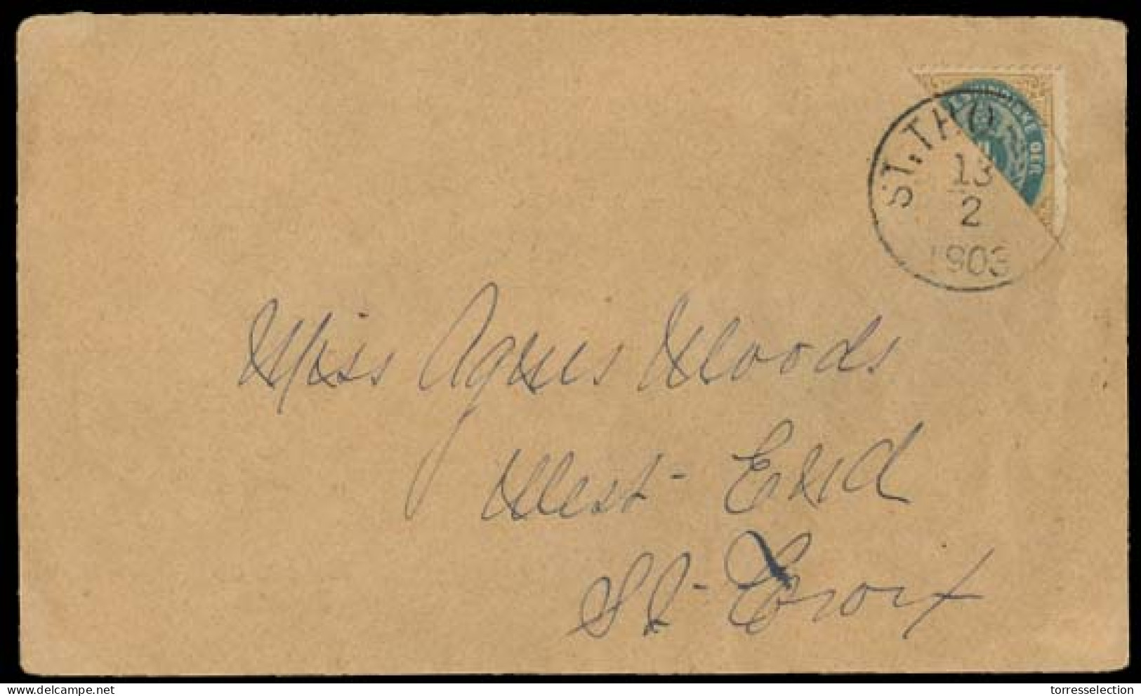 D.W.I.. 1903 (13 Feb). St Thomas - St Croix. Bisected 4 Ore Stamp / Cds. Transits Reverse. Fine. - Antille