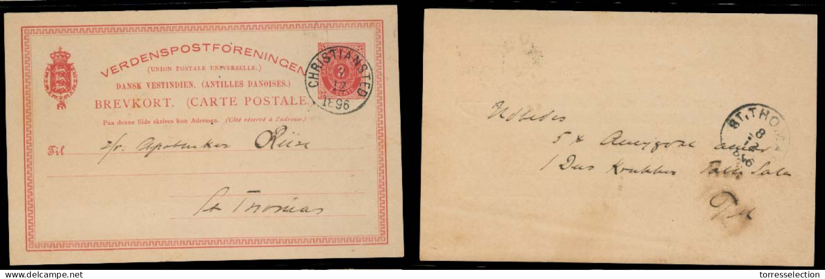 D.W.I.. 1896. Christed - St Thomas. 3c Red Stat Card. XF Used. V Nice Cond. - Antilles