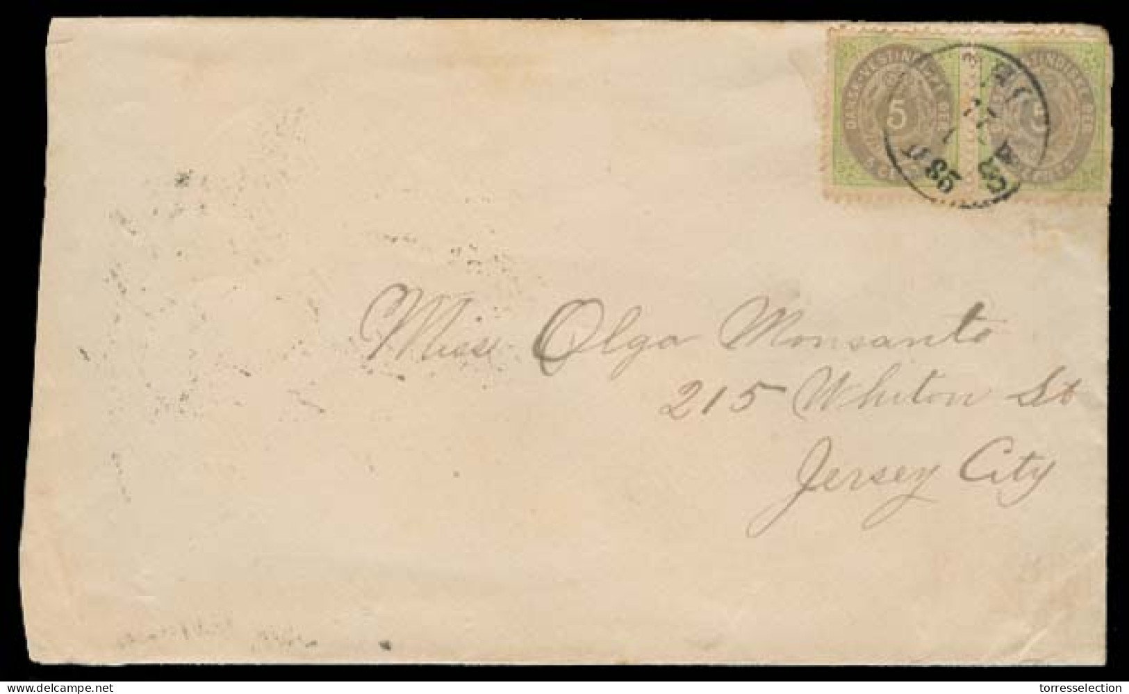 D.W.I.. 1885 (17 Jan). St Thomas - USA / Jersey City (27 Jan). Fkd Env 5c Pair Applied Just At Edge. Arrival Reverse + N - West Indies