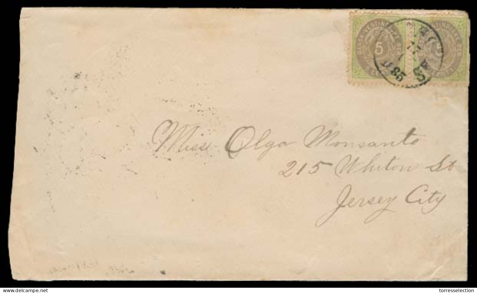 D.W.I.. 1885 (17 Jan). St Thomas - USA / Jersey City (27 Jan). Fkd Env 5c Pair Applied Just At Edge. Arrival Reverse + N - Antillen