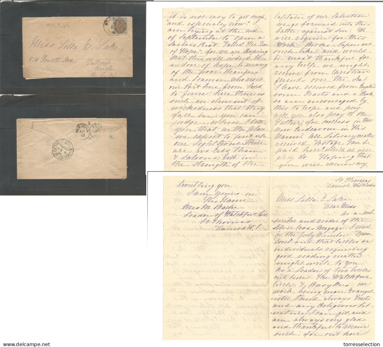 D.W.I.. 1896 (15 Aug) St. Thomas - USA, Detroit, Mich (Aug 23) Via NY. Fkd Env 10c, Cds With Full Contains (Mrs. Bache L - Antille