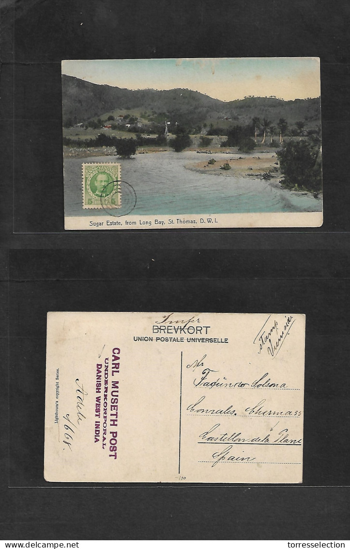 DWI - ST. THOMAS. C. 1911-12. GPO - Spain, Castellon De La Plana. Fkd View Sugar Estate Card, Concentric Rings Cancel, A - Antille