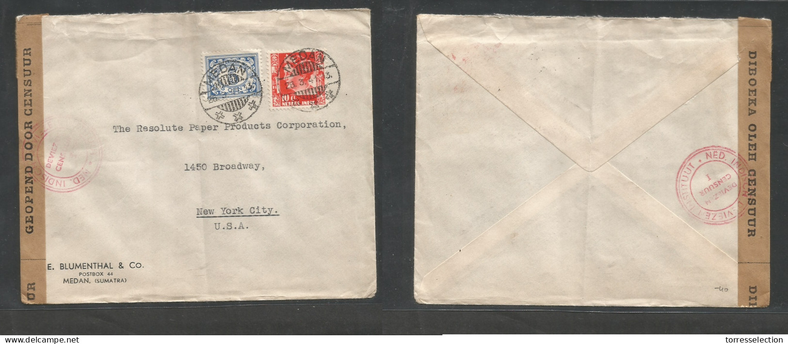 DUTCH INDIES. 1941 (26 March) Medan - USA, NYC. Multifkd WWII Censored Envelope At 15c Maritime Rate. Fine. - Indonesië