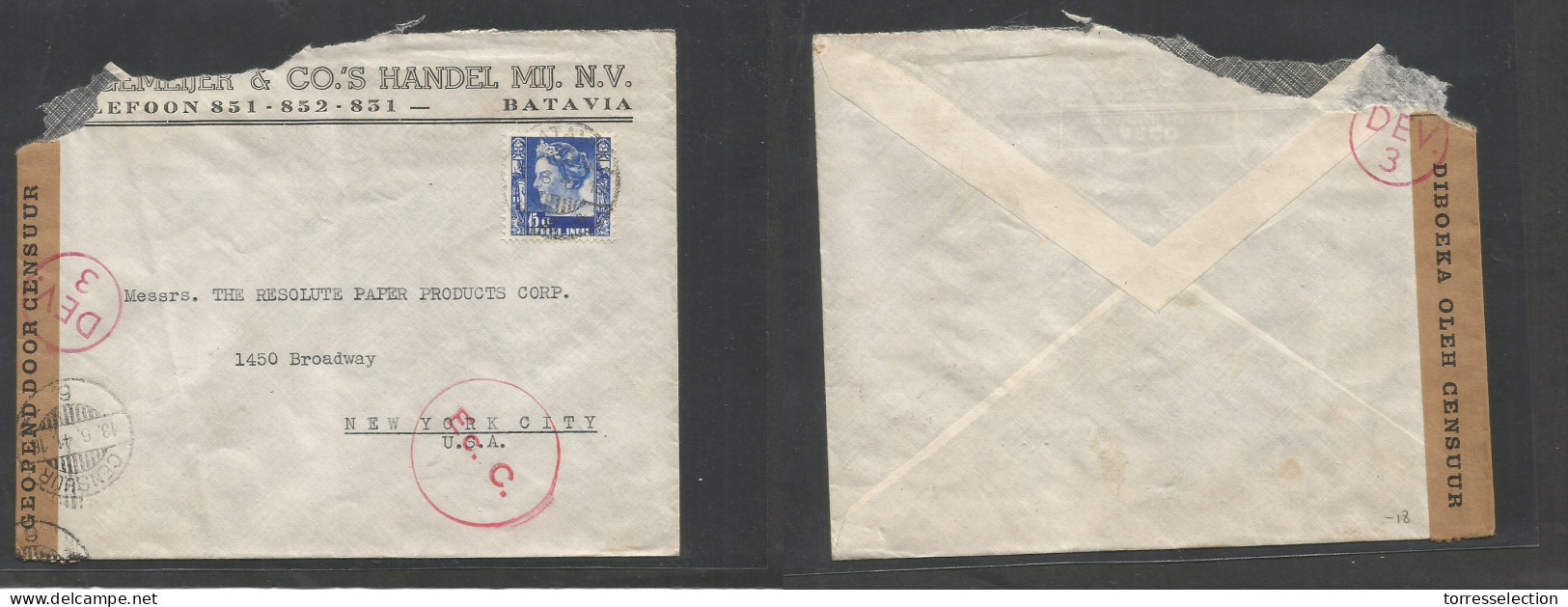 DUTCH INDIES. 1941 (11 June) Batavia - USA, NYC. 15c Fkd Censored Comercial Envelope. Pacific Routing. - Indonesië