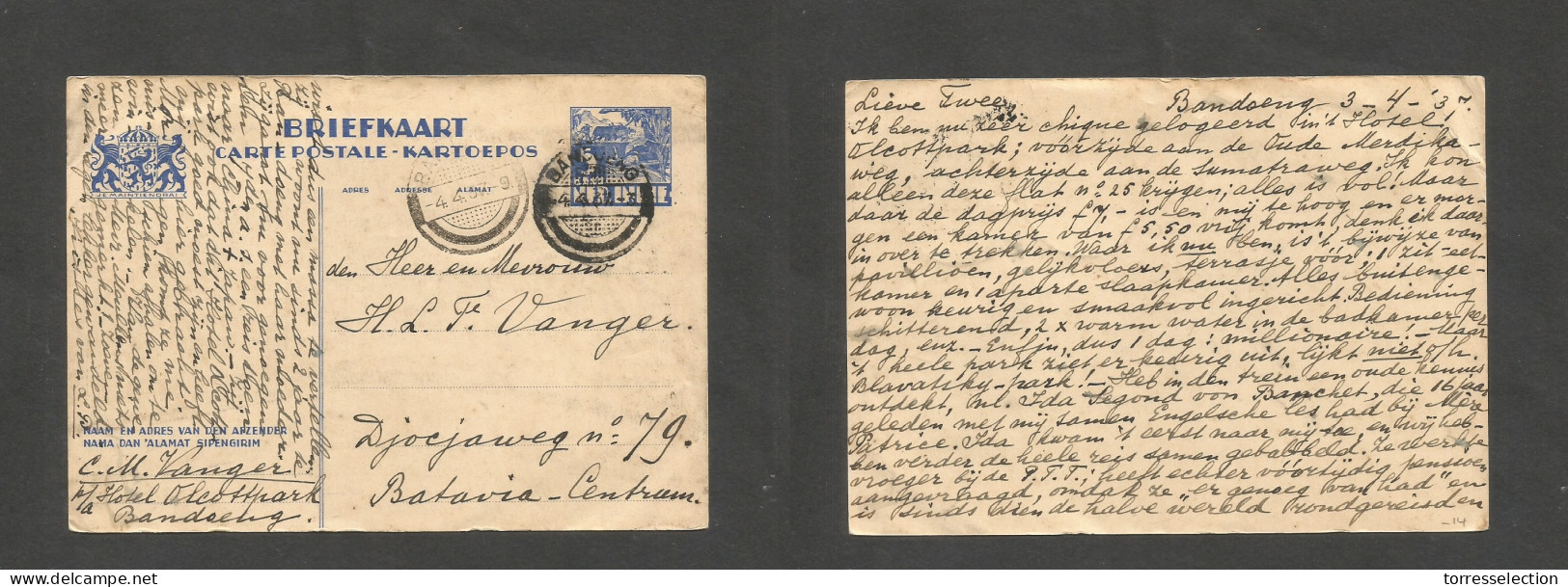 DUTCH INDIES. 1937 (4 April) Bandoeng - Batavia (4 April) Local 5c Blue Stat Card. Fine Used. - Indonesië