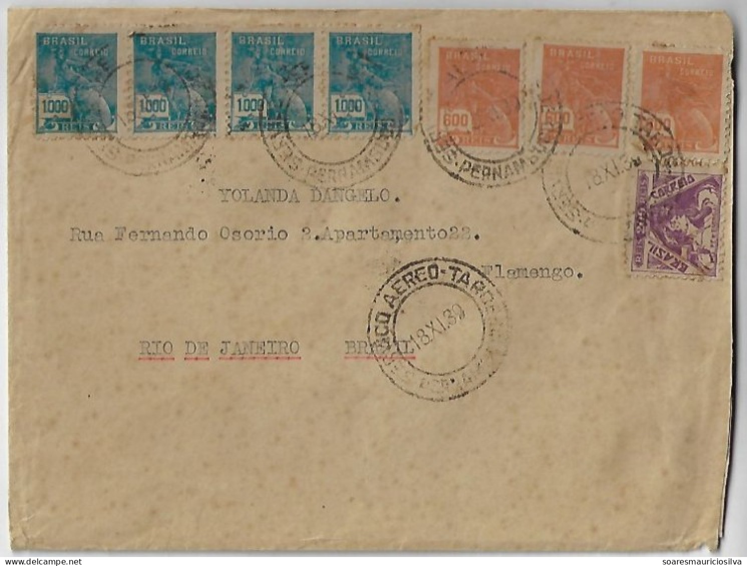 Brazil 1939 Airmail Cover Sent From Recife To Rio De Janeiro 8 Definitive Stamp Totaling 6,000 Réis Cancel Panair - Poste Aérienne (Compagnies Privées)