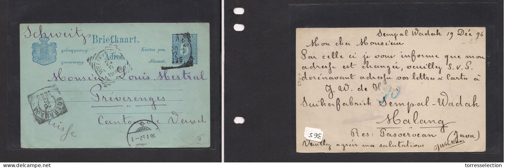 DUTCH INDIES. Dutch Indies - Cover - 1896 Sempal Wadah To Switz Preveranges Vaud 5c Blue Stat Card. Easy Deal. - Indonesië