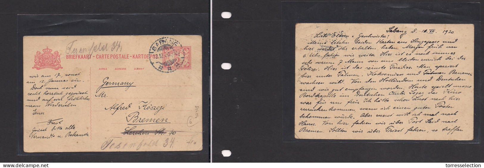 DUTCH INDIES. Dutch Indies - Cover - 1920 Sabang To Germany Bremen 5c Stat Card. Easy Deal. - Indonesië