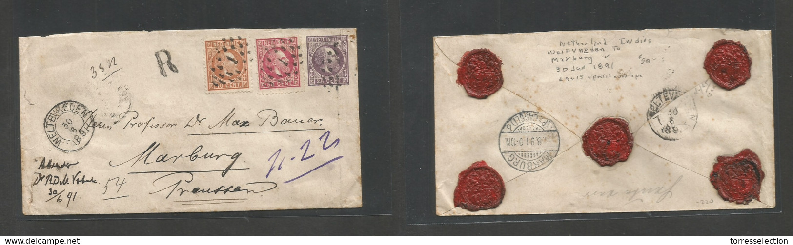 DUTCH INDIES. 1891 (30 June) Weltevreden - Marburg, Prussia (1 Aug) Registered Tricolor Multifkd 25c Lilac Stat Env At 8 - Indonesia