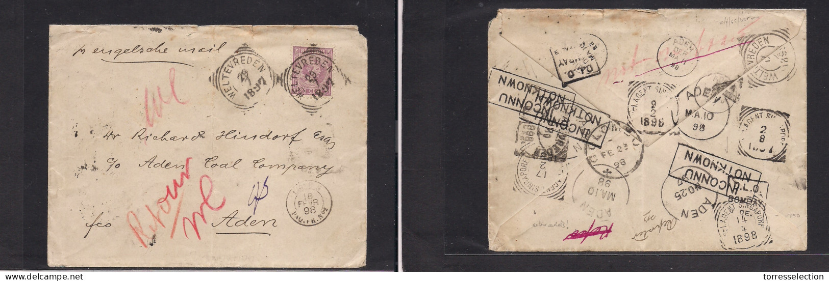 DUTCH INDIES. 1897 (29 July) Weltevreden - ADEN (Nov 25, 1899) Single 25c Lilac Queen W. Fkd Env, Carried Via French Pqb - Indonesia