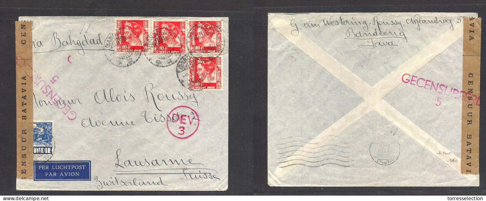 DUTCH INDIES. 1940 (4 Sept) IRAQ, Bandoeng - Switzerland, Laussanne. WWII Multifkd Censored Air Envelope Via Bagdad (12  - Indonesia