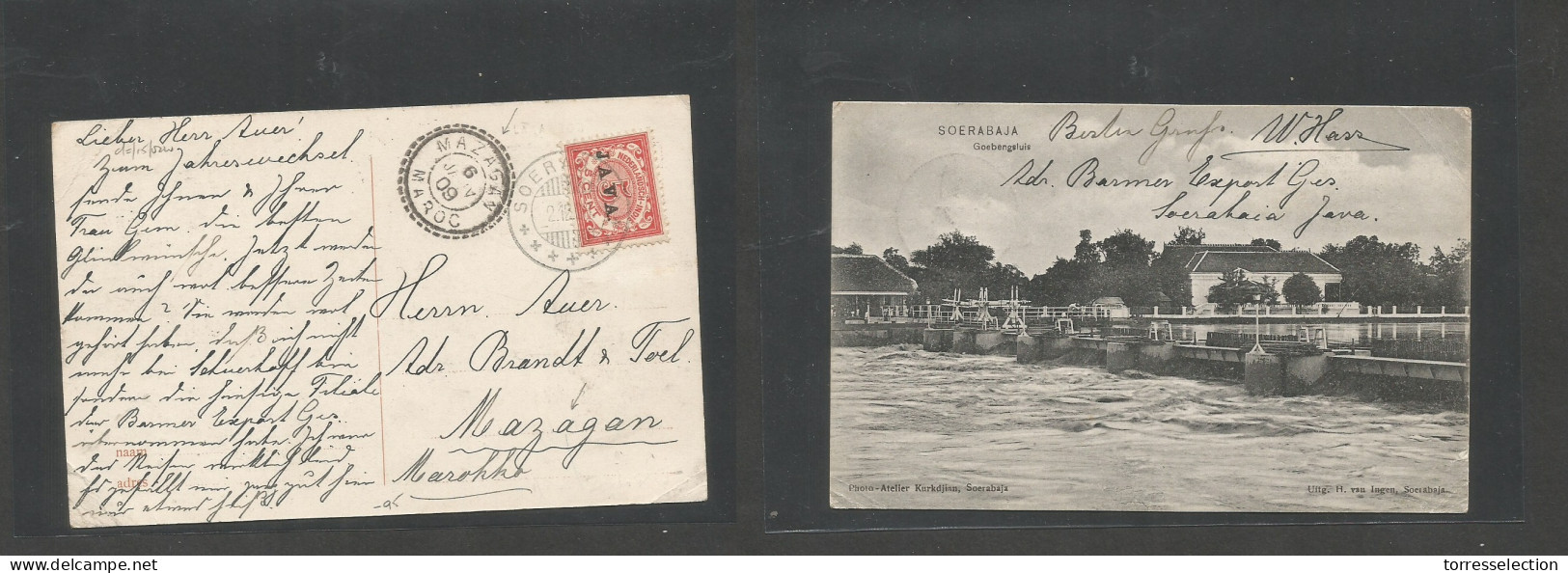 DUTCH INDIES. 1908 (2 Dec) Soerabaja - Mazagan, French Marruecos (6 Jan 1909) Single Ovptd Fkd Ppc. Arrival Cachet On Fr - Indonesia