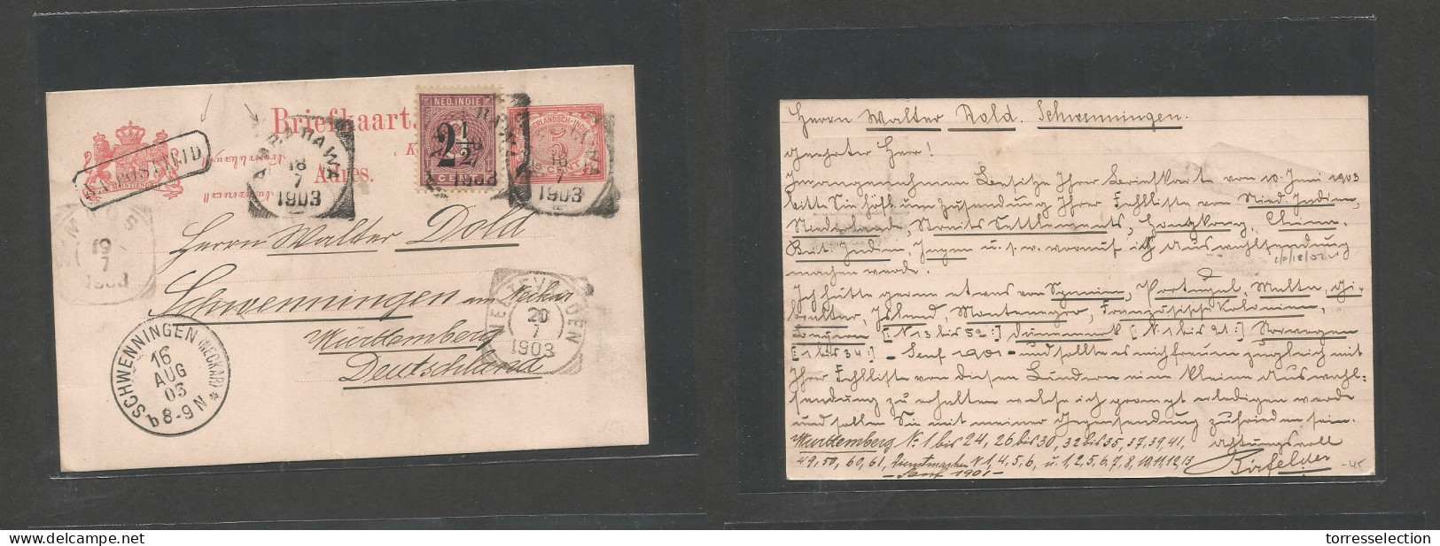 DUTCH INDIES. 1903 (18 July) Ambanawa - Germany, Wurttemberg, Schwenningen (16 Aug) 5c Red Stat Card + Adtl 2 1/2 Ovptd, - Indonesia