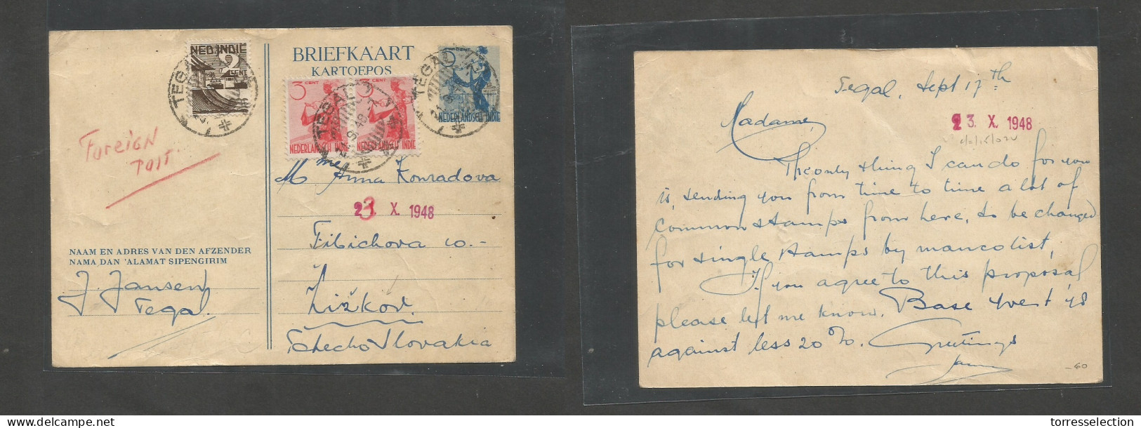 DUTCH INDIES. 1948 (21 Sept) Tegal - Czechoslovakia, Ziskor (23 Oct) 5c Blue + Adtls Multifkd Stationary Card. Better De - Indonesia