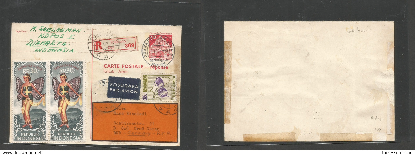 DUTCH INDIES. 1968 (21 Oct) Indonesia. Djakarta - Germany, RFA, Gross Gerau. Registered REPLY Half Stat Card + Adtl Indo - Indonesia