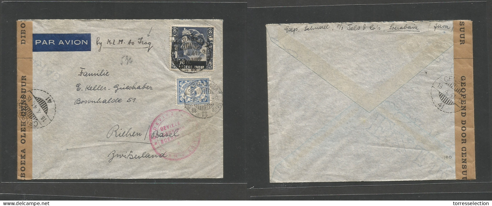 DUTCH INDIES. 1941 (18 April) Soerabaja - Switzerland, Riehen. Air Multifkd Envelope Via KLM To Iraq. Interesting WWII U - Indonesia