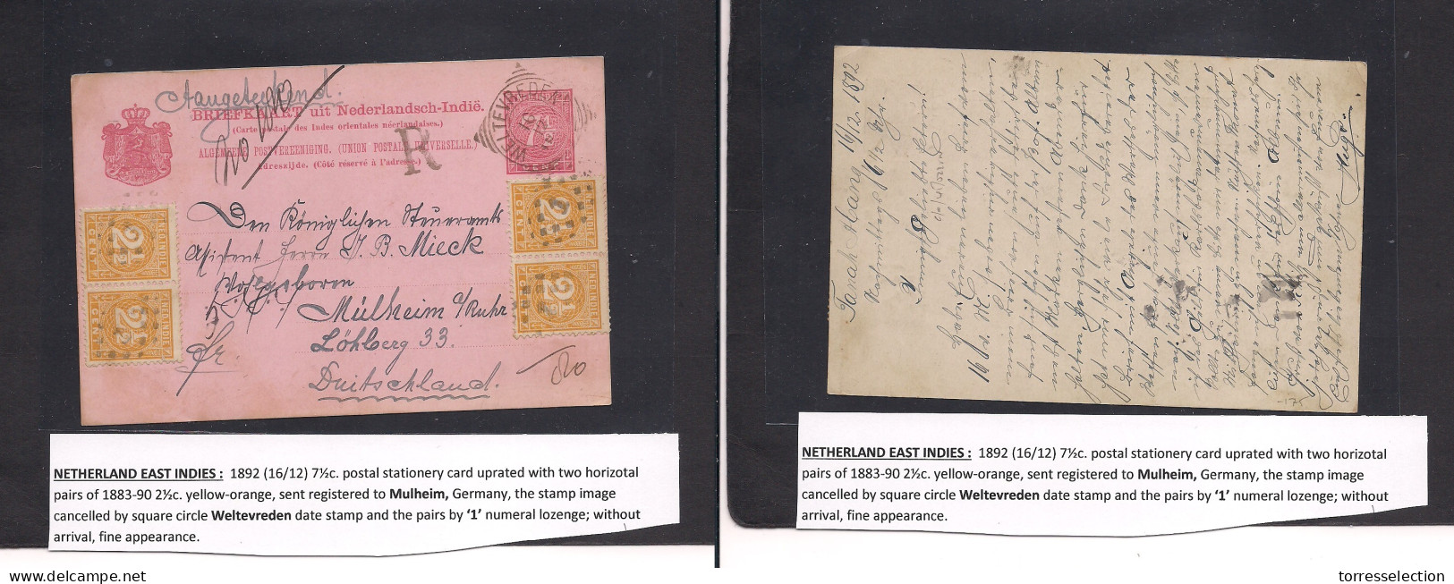 DUTCH INDIES. 1892 (16 Dec) Tanah Alang - Germany, Mulheim. Registered 7 1/2c Red Stat Card + (4x) 2 1/2c Orange Adtls,  - Indonesia