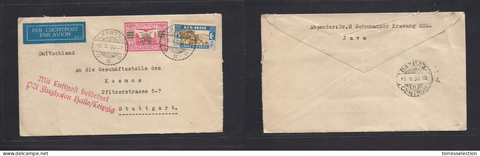 DUTCH INDIES. 1933 (15 May) Krawang - Germany, Stuttgart Via Batavia Air Multifkd Env + German Air Red Cachet. Fine Used - Indonesia