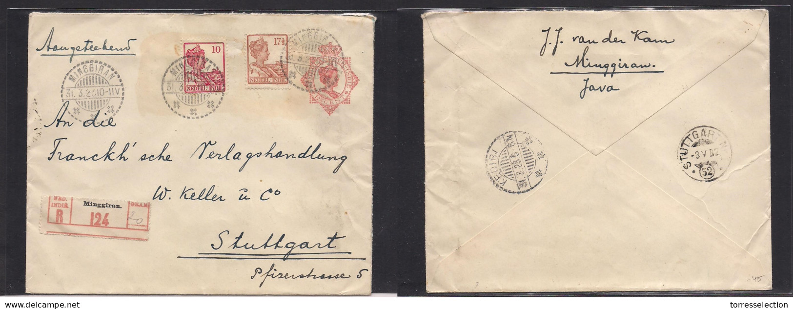 DUTCH INDIES. 1923 (31 March) Minsgirar - Germany, Stuttgart (3 May) Registered 12,5c Stat Env + 2 Adtls. VF Used + R-la - Indonesia