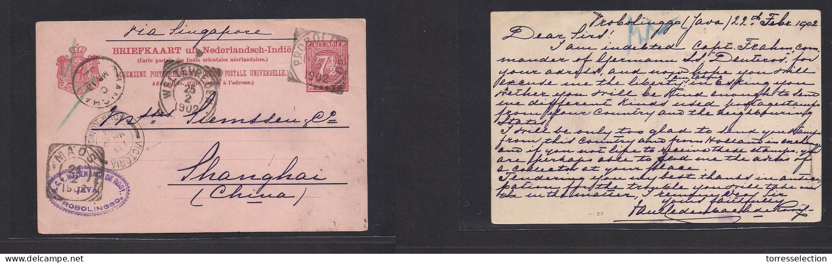 DUTCH INDIES. 1902 (25 Febr) Probolinggo - China, Shanghai (13 March) British Post Office Via Hong Kong.  7 1/2c Rose St - Indonesia