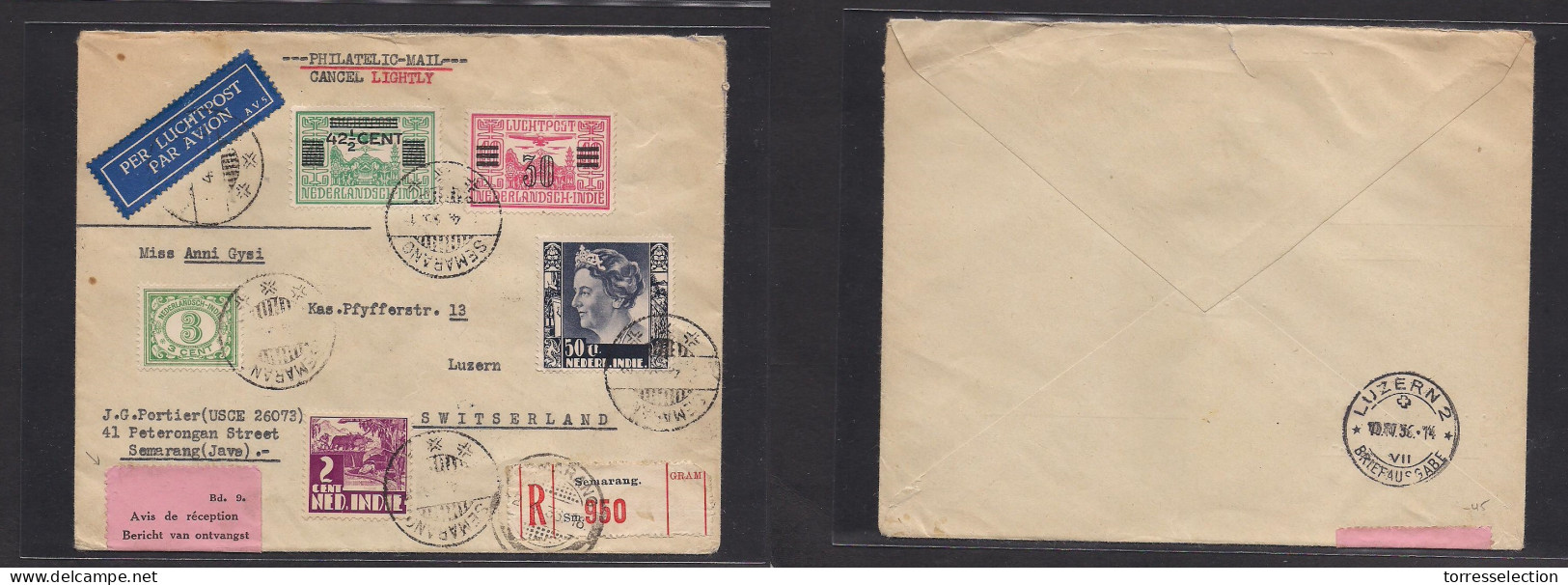 DUTCH INDIES. 1936 (3 April) Semarang - Switzerland, Luzern (10 April) Registered Airmail AR Multifkd Envelope. VF. - Indonesia