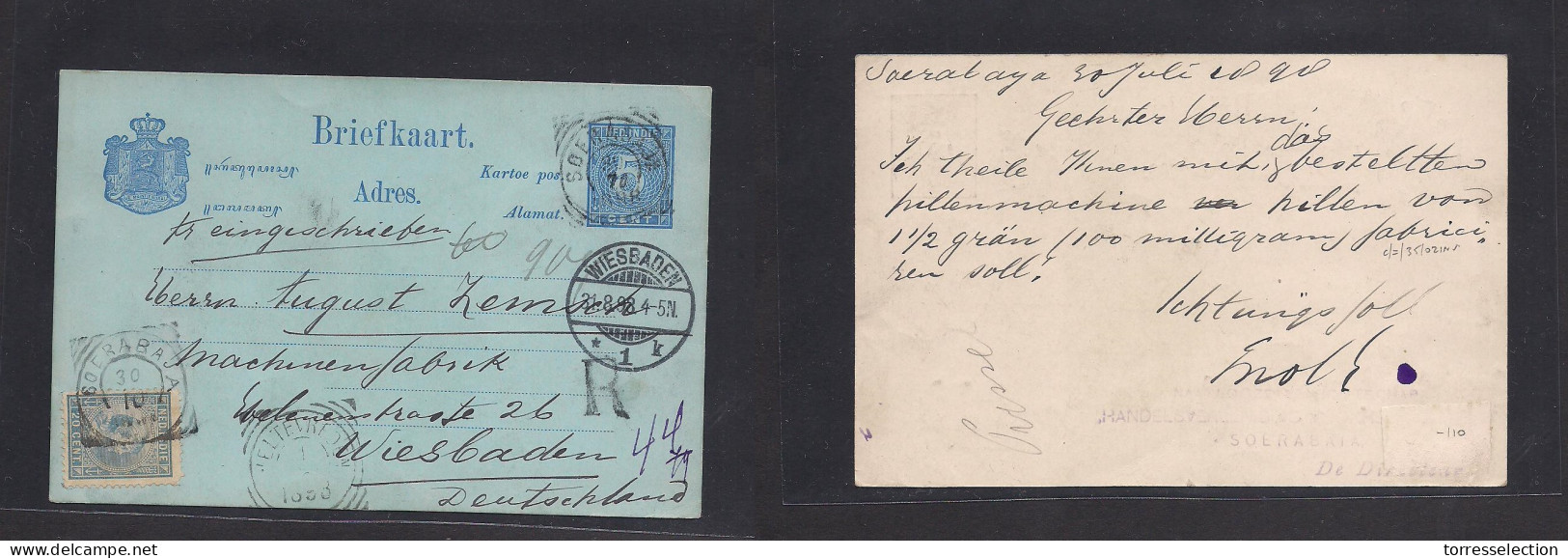 DUTCH INDIES. 1898 (30 July) Soerabaja - Germany, Wiesbaden (31 Aug) Registered 5c Blue Stat Card + 20c Adtl, Tied Cds + - Indonesia