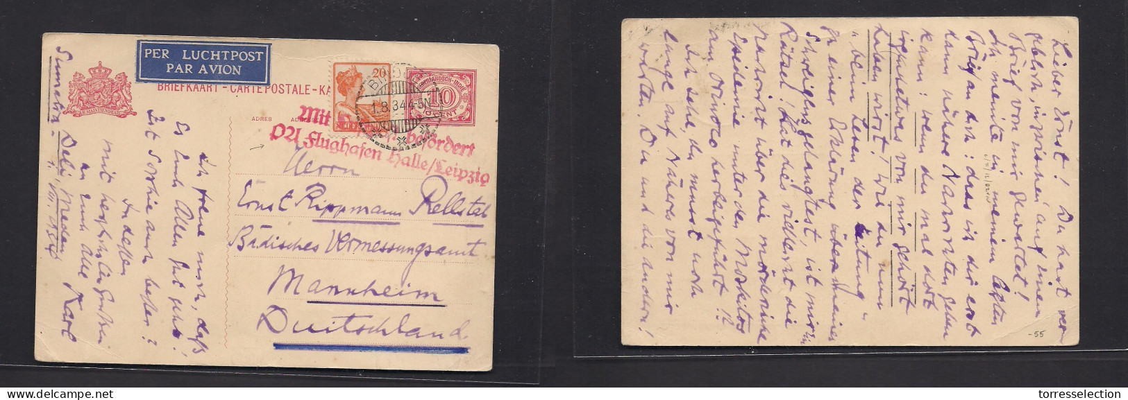 DUTCH INDIES. 1934 (1 Aug) Bindjei - Germany, Mannhein. Air Fkd 10c Rose Red Stat Card + Air Red Cachet "airmail / Leipz - Indonesia