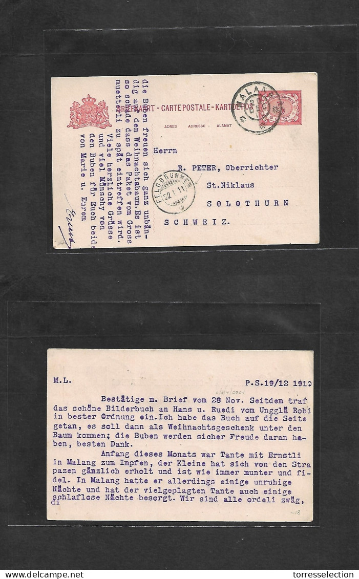 DUTCH INDIES. 1910 (20 Dec) Malang - Switzerland, Solothurn (22 Jan 11) 5c Red Stat Card. Fine. - Indonesia