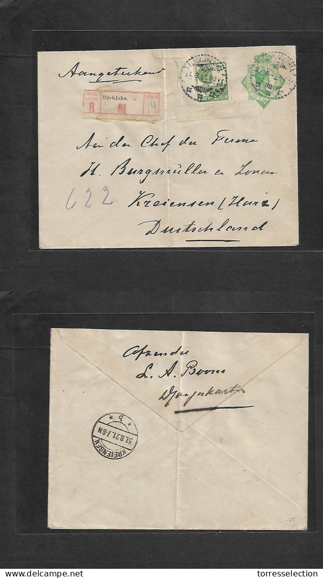 DUTCH INDIES. 1921 (1 Aug) Djokjaka - Germany, Kreien Sen (31 Aug) Registered 20c Green Stat Env + Adtl. VF. - Indonesia