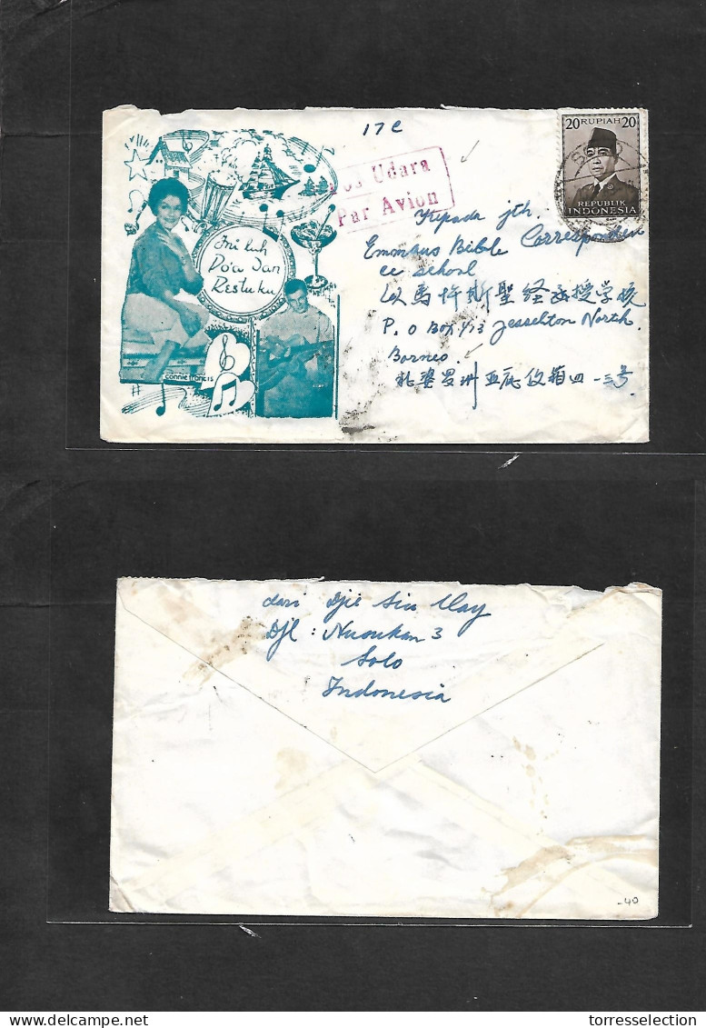 DUTCH INDIES. 1963 (13 July) Indonesia. Solo - Borneo, Jessenton. Illustrated Fkd Air Red Cacheted Envelope. Better Dest - Indonesia