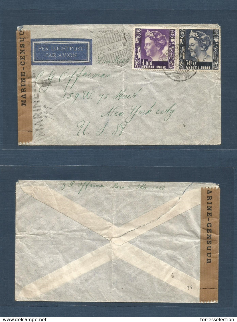 DUTCH INDIES. 1941 (20 May) Marine Dutch Station. Air Fkd Env To USA, NYC. With Censor Label + MARINE CENTRALE Special C - Indonesië