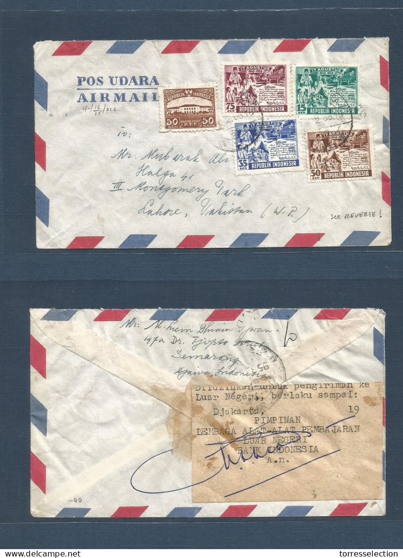 DUTCH INDIES. 1956 (Febr) Semarang - Pakistan, Lahore. Air Multifkd Env + Lembanga Label Finanz Control On Reverse, Tied - Indonesië