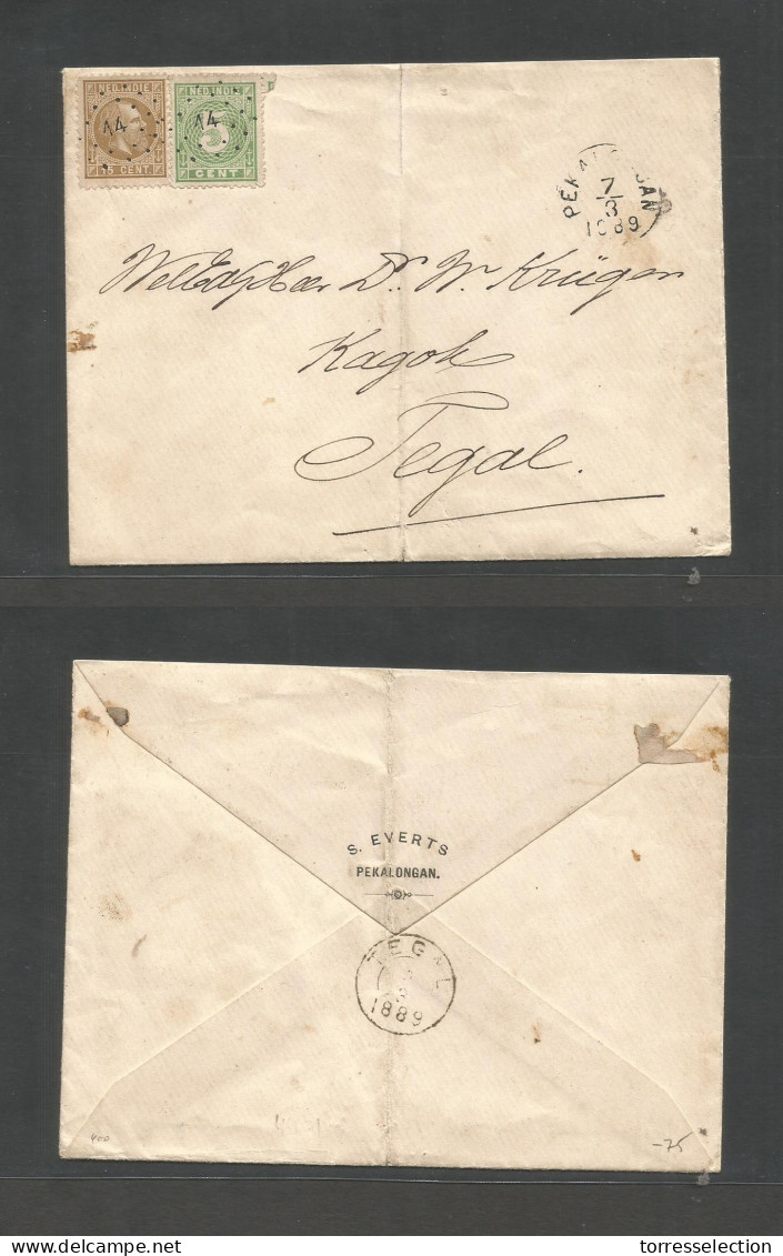 DUTCH INDIES. 1889 (7 March) Pekalongan - Tegal. Fkd Envelope Early 5c Green + 15c. Bister, Tied "14" Dots + Cds Alongsi - Indonesië