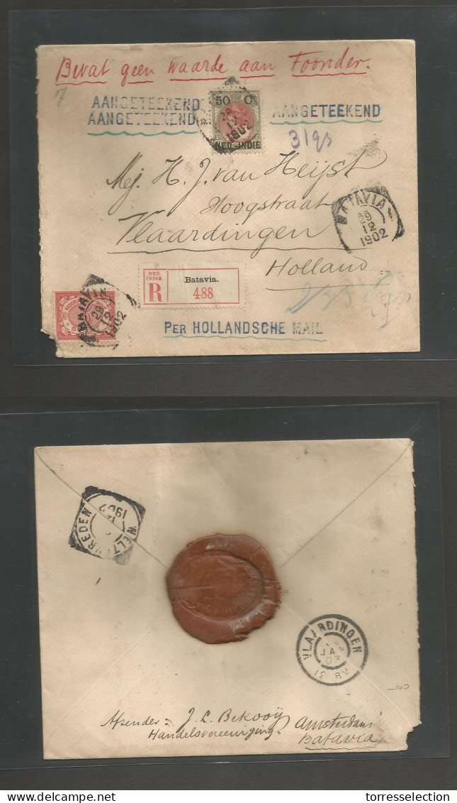 DUTCH INDIES. 1902 (29 Dec) Batavia - Netherlands. Vlaardingen (28 Jan) Registered AANGETEEKEND Multifkd Envelope R-Labe - Indonesië