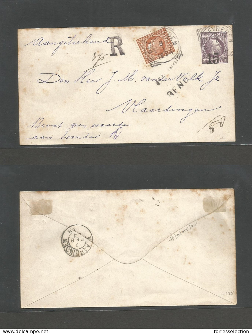 DUTCH INDIES. 1894 (8 Jan) Weltevreden - Vlaardingen. Registered 15c/25c Lilac Stationary Ovptd Envelope + 10c Brown Adt - Indonesië