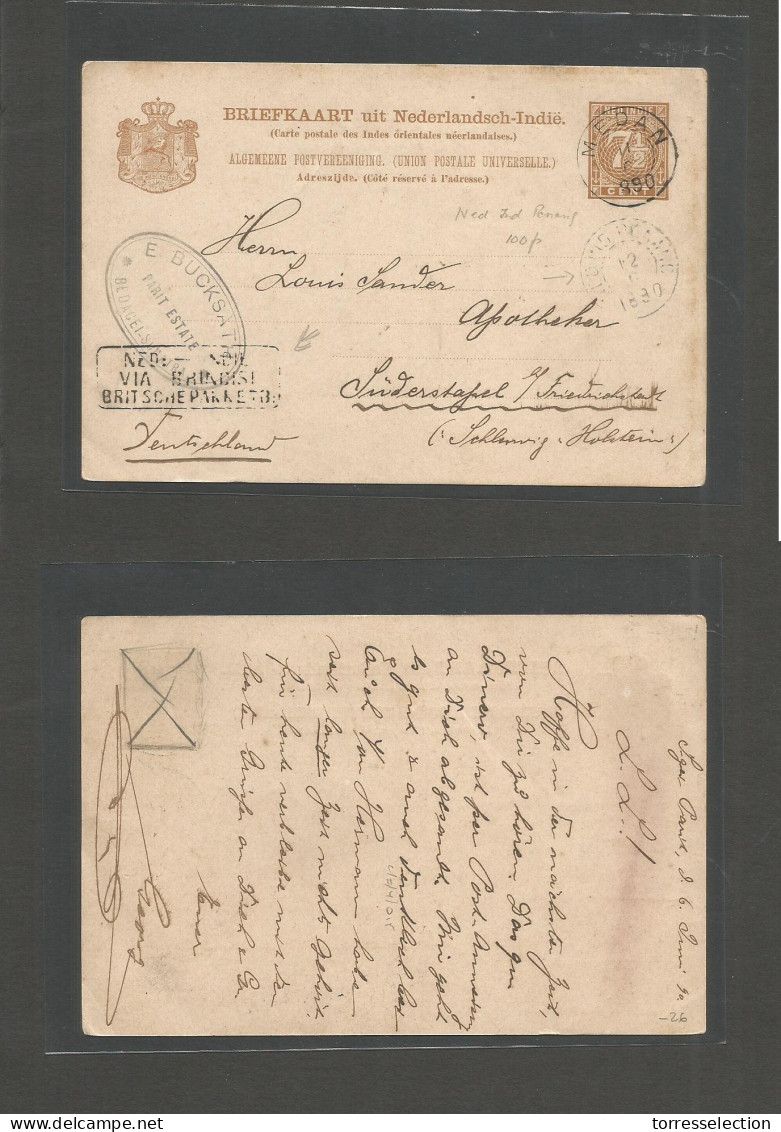 DUTCH INDIES. 1890 (6 June) Medan - Germany, Schlewig - Hobtein. 7 1/2c Brown Stat, Cds. PARIT ESTATE.  + "Ned Indie / B - Indonesië