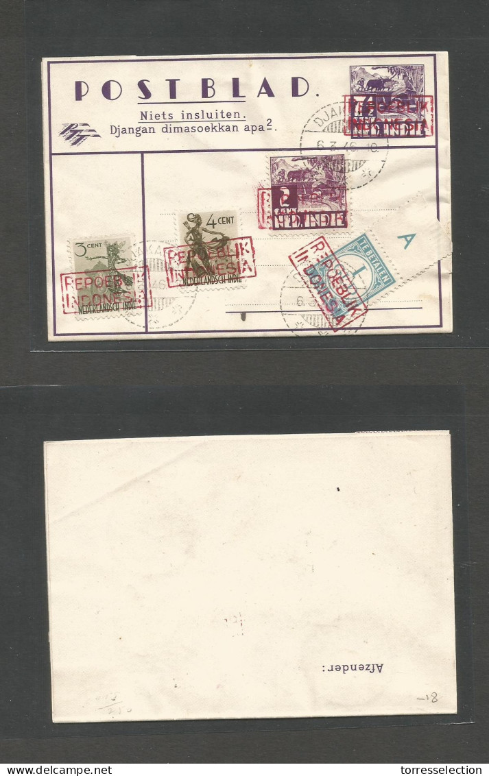 DUTCH INDIES. 1946 (6 March) Djakarta. 7 1/2c Lilac Stat Lettersheet + 4 Red Ovptd Cacheted INDEPENDANCE Stamp. Nice Ite - Indonesië