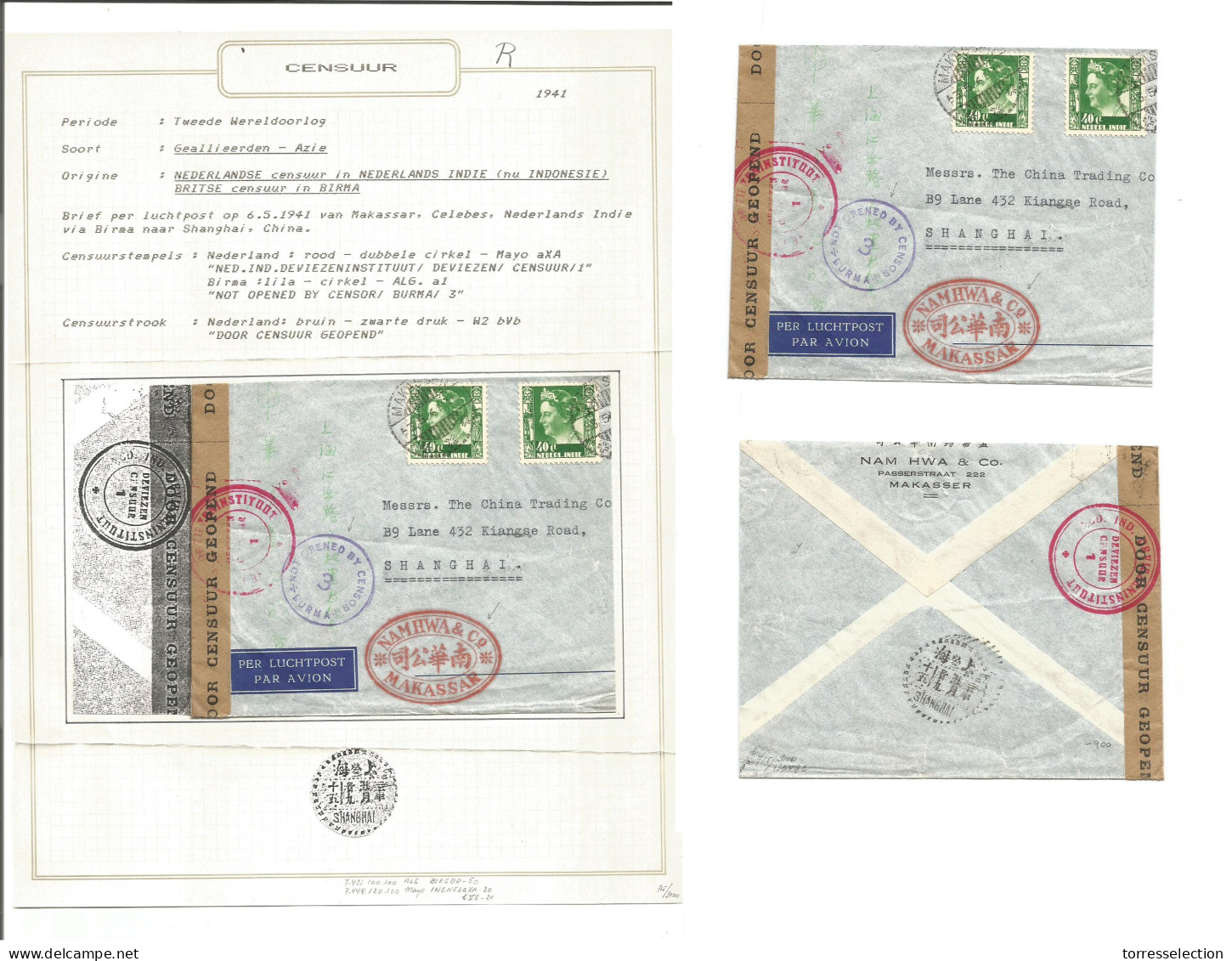 DUTCH INDIES. 1941 (6 May) Makassar - China, Shanghai, Japanese Occup. Air Multifkd Depart Comercial + Rare British Burm - Indonesië