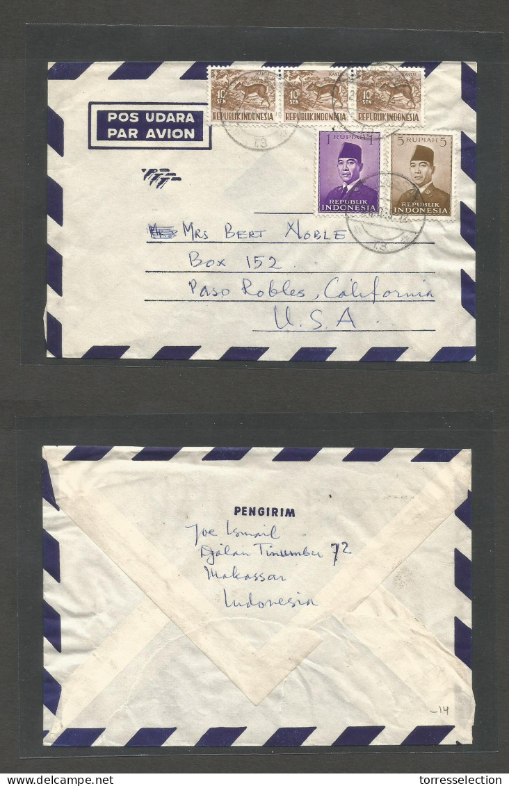 DUTCH INDIES. 1959 (21 Oct) Makassar - USA, Paso Robles. Air Multifkd Envelope. Fine. - Indonesië