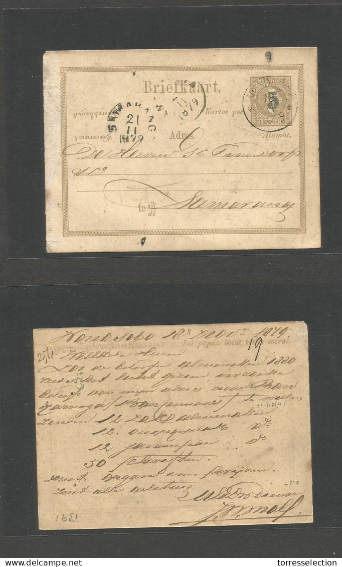 DUTCH INDIES. 1879 (18 Nov) Wonosebo - Samurang (21 Nov) 5c / 12 1/2c Grey Stat Card, Cds + Blue Green Ovptd Type. Provi - Indonesië