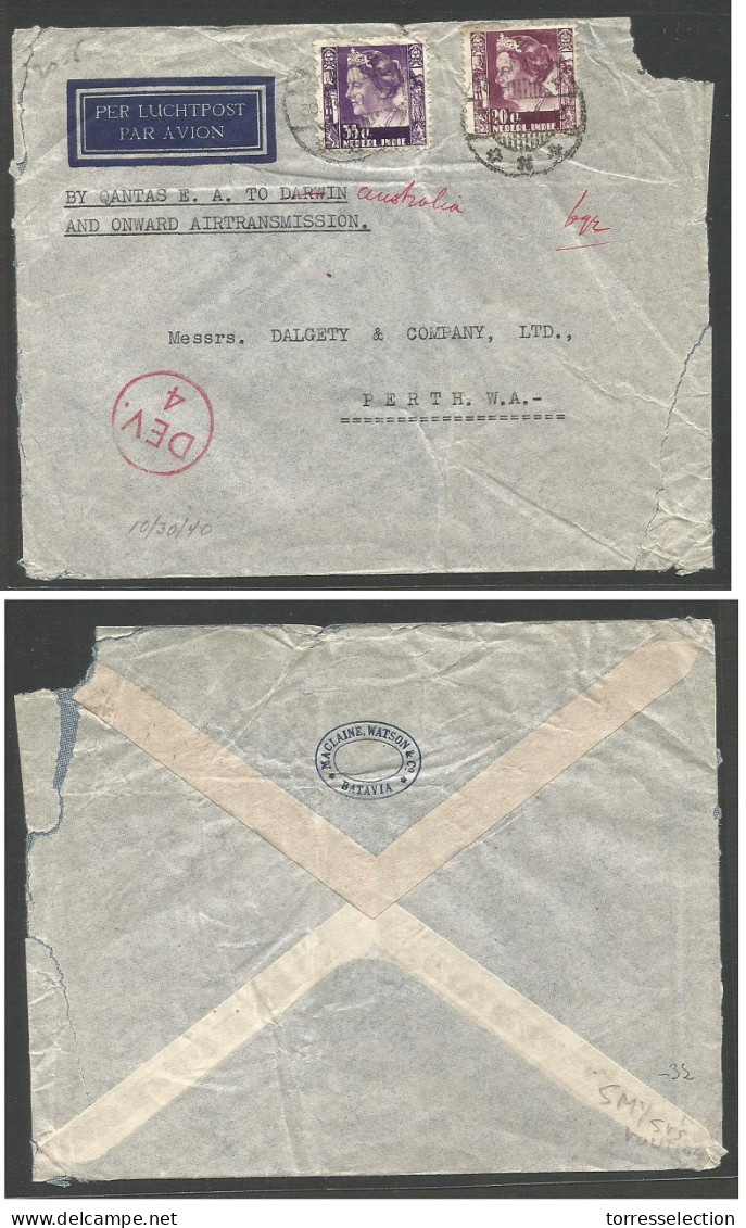 DUTCH INDIES. 1940 (30 Oct)  Batavia - W.A, PERTH. Via Qantas. Air Multifkd Envelope. Rough Opening. - Indonesia