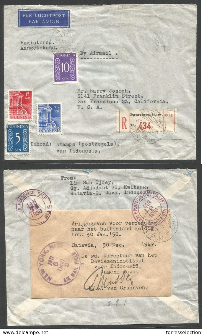 DUTCH INDIES. 1949 (31 Dec) Batavia - USA, S. Francisco (6-9 Jan 50) Registered Air Multifkd Envelope + Reverse Label. P - Indonesië
