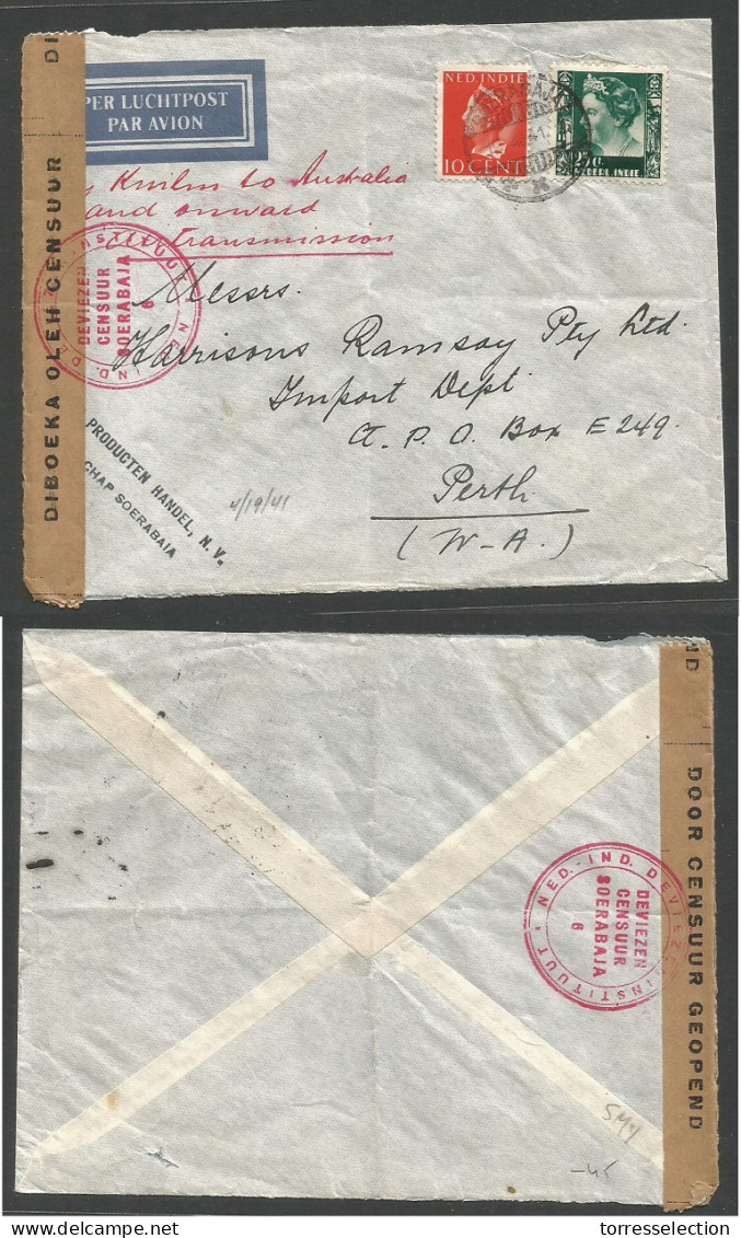 DUTCH INDIES. 1941 (19 April) Soerabaja - Australia, PERTH. Air Multifkd Envelope. Censored. Via KNILM + Onward Air. Fin - Indonesië