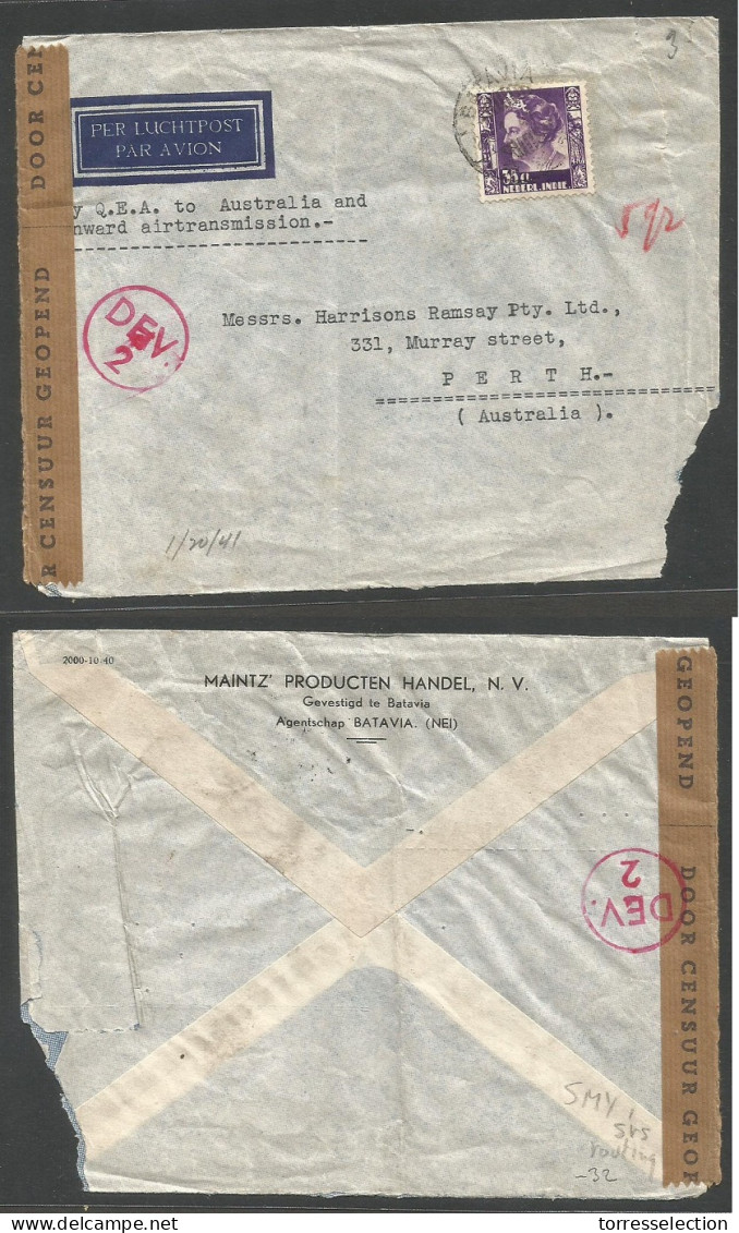 DUTCH INDIES. 1941 (20 Jan) Batavia - Perth - Australia. Via Q.E.A To Australia. Fkd Envelope. Airmail Censored. Some Ro - Indonesië